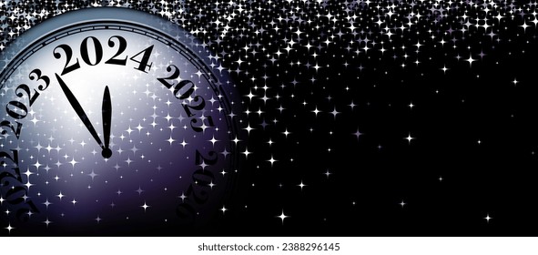 New Year 2024 countdown clock over silver and purple stars on black background. Vector illustration.