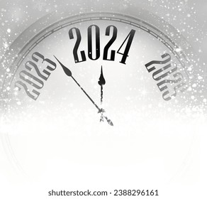 New Year 2024 countdown clock over light background with snow. Vector illustration.