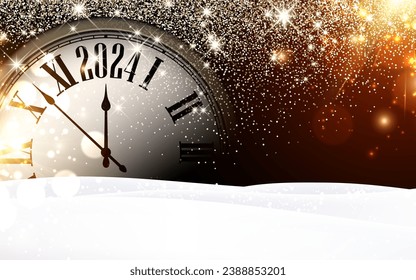 New Year 2024 countdown clock over golden sand on black background with snow. Vector illustration.