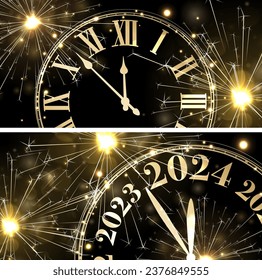 New Year 2024 countdown golden clock over background with fireworks and defocused lights. Horizontal black banners. Vector illustration.