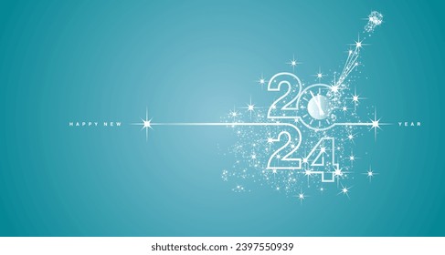 New Year 2024 countdown line design firework champagne white sea green blue background vector