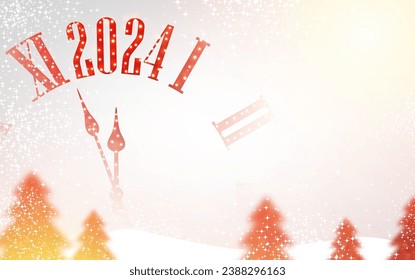 New Year 2024 countdown rede clock over white background with lights and Christmas trees. Vector illustration.