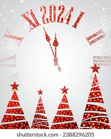 New Year 2024 countdown rede clock over white background with lights and Christmas trees. Vector illustration.