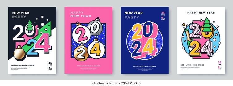 New Year 2024 creative poster design with colorful holiday graphics, thick outline and bold typography. New Year greeting card collection. Ideal for banner, flyer, invitation. Vector illustration.