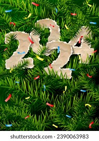 New Year 2024 of crumpled paper between pine twigs. Paper year numbers is strewn with confetti on christmas tree