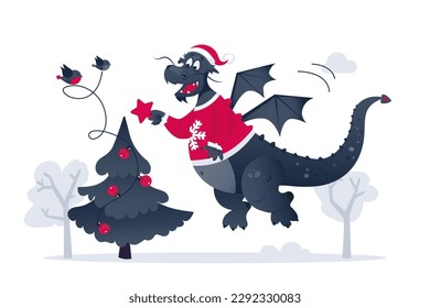 New Year 2024. Cute chinese dragon wearing like Santa Claus. Decorating christmas tree with lights. Flying reptile and bullfinch birds. Winter season illustration. Vector freeting card. Isolated.