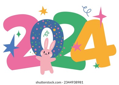 New Year 2024 with cute rabbit, cartoon style. Trendy modern vector illustration, hand drawn, flat design