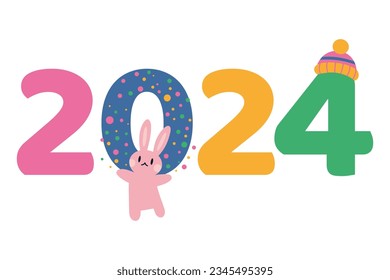 New Year 2024 with cute rabbit, cartoon style. Trendy modern vector illustration, hand drawn, flat design