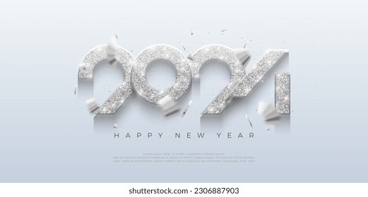 New year 2024 design with luxury modern numerals. Shiny metallic silver glitter. Against a bright background. Premium vector design for banners, posters, calendars and social media.