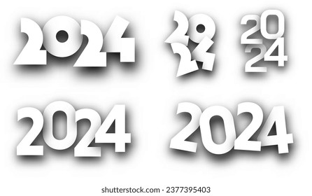 New Year 2024 different paper numbers for calendar header on white background. Vector illustration.