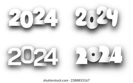 Año Nuevo 2024 números de papel diferentes para la cabecera del calendario sobre fondo blanco. Ilustración vectorial.