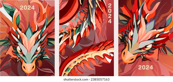 Año Nuevo 2024, el año del Dragón. Un conjunto de afiches de dragón. Ilustración vectorial.