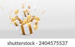 New Year and  2024 Eid Mubarak  white gift boxes with golden bows and gold sequins confetti on white background. Gift boxes flying and falling. Vector illustration EPS10
