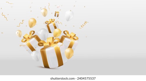 New Year and  2024 Eid Mubarak  white gift boxes with golden bows and gold sequins confetti on white background. Gift boxes flying and falling. Vector illustration EPS10