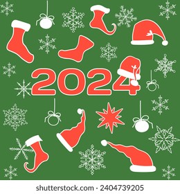 New Year 2024. Elements for greeting card, stickers and print. Santa Claus hat and socks for Christmas gifts. Vector illustration with winter background with snowflakes.