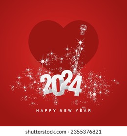 New Year 2024 event greeting card 2024 year numbers over social media like sign heart icon. 2024 with shining sparkle firework stars on red background