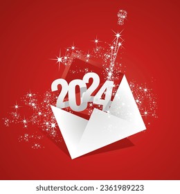 New Year 2024 event greeting card 2024 year numbers into mail email with shining sparkle firework stars red background