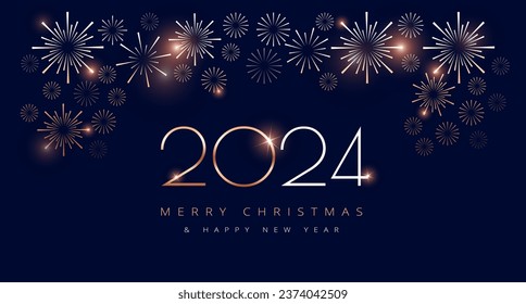 New Year 2024 fireworks abstract classy background with text Merry Christmas and Happy New Year - for greeting card or social media banner