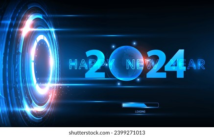 New year 2024 futuristic technology banner. New year 2024 in style HUD,GUI, UX. Happy New year on blue cyberspace with portal and globe hologram. Innovative high-tech concept. Technology  Vector EPS10