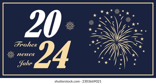 New Year 2024 german greetings vector. Firework and stars. Blue Background.
Translation German to English: Frohes neues Jahr is Happy New Year.