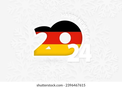 Neujahr 2024 für Deutschland auf Schneeflocken-Hintergrund. Gruß Deutschland mit dem neuen Jahr 2024.