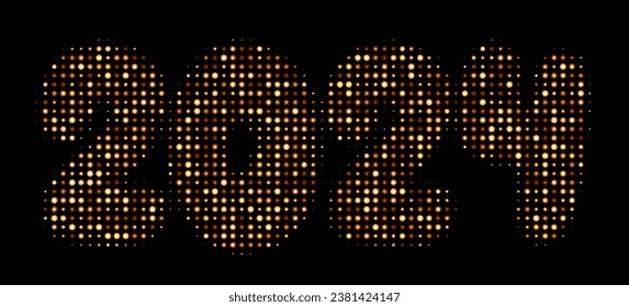 New Year 2024 gold glitter halftone pattern on dark background made of shimmering lights. Vector illustration.