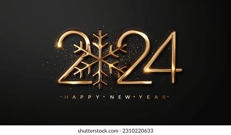 New year 2024 gold number with snowflake. Happy new year dark luxury background.