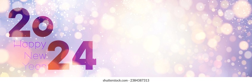 New Year 2024 gold and purple gradient horizontal banner with beautiful sun rays and blurred yellow round lights. Vector illustration.