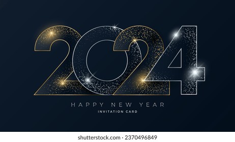 New Year 2024 gold and silver line numbers typography greeting card. Christmas invitation poster with golden glitter numeral.