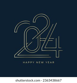 New Year 2024 gold typography greeting card design on dark background. Christmas invitation poster with line golden numbers.