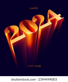 New year 2024. Golden 3D holiday lettering design. Bright volumetric numbers. The image was created without the use of any form of AI.
