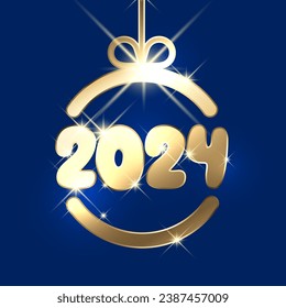 New Year 2024 golden metallic numbers in Christmas ball with stars on blue background. Vector illustration.
