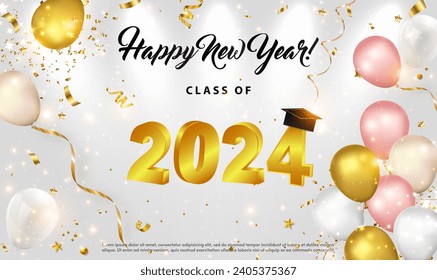 New Year 2024 graduation banner with balloons and glittering awards confetti. Congratulatory text for invitations. Gold graduation class number 2024 with a graduate hat. Happy holiday Vector EPS10.