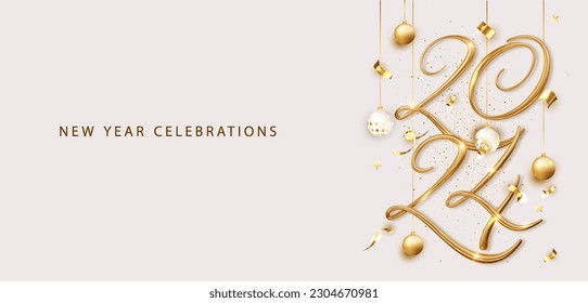 New year 2024 greeting banner on bright background. Golden realistic 3d number.