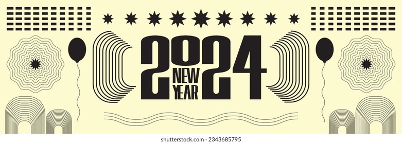 New Year 2024 Greeting banner and text logo illustration. Modern retro design with geometric abstract lines, zigzag wavy circles, balloons and stars shapes. Vector illustration happy new year poster.