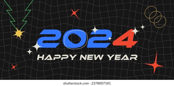 New Year 2024 greeting banner in Y2K aesthetics with text greeting and futuristic decorations on a distorted grid backdrop. Vector illustration.