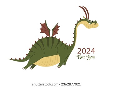 New Year 2024. Greeting card. Green wooden dragon. Symbol of the year. A cheerful dragon is flying. Congratulations on the holiday. Cool postcard. Dinosaur with wings