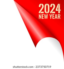 New Year 2024 greeting design, curled up page corner isolated on white background. 2024 New Year is coming, Christmas holidays design