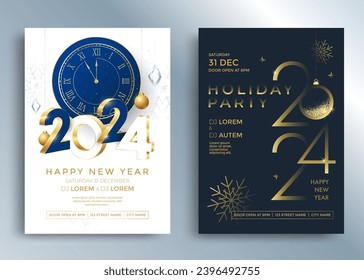 Afiches de fiestas de fin de año 2024. Un flyer navideño con elementos decorativos dorados.