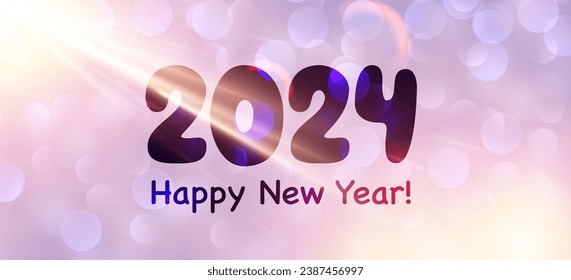 New Year 2024 horizontal banner with numbers on bright purple textured background with blurred round sparkles and sun lights. Vector illustration.