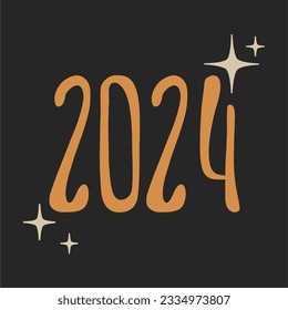New year 2024. Illustration in boho style.Gold numbers on a black background, sparkles, shine. Template for printing postcards, banners, covers and more.