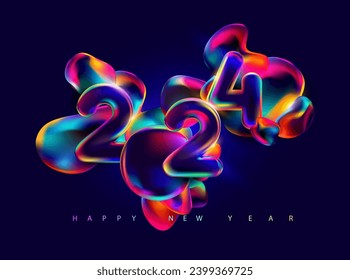 New year 2024. Iridescent colorful calendar date on dark fluid background. Multicolor lettering design. Not generated by AI.