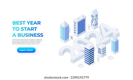 The New Year 2024 isometric number design concept. Landing page with people. Best year to start a business