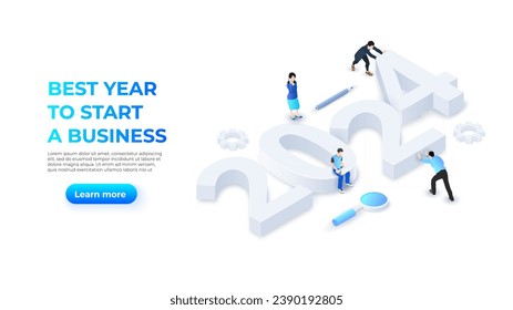 The New Year 2024 isometric numbers illustration. Landing page with people. Startup year