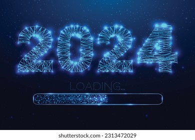 New year 2024 loading. Loading bar. Low poly style design. Numbers from a polygonal wireframe mesh. Abstract vector illustration on dark background