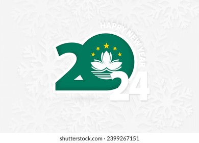 Año Nuevo 2024 para Macao sobre fondo de copo de nieve. Saludo a Macao con el nuevo 2024 año.