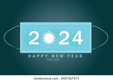  new year 2024 medical background, 2024  numbers on surgical face mask, stay safe message,  vector illustration