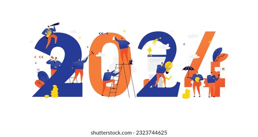 Año nuevo 2024. Cumpliendo con el nuevo año. Vector. Los empresarios celebran Navidad y Año Nuevo. Nuevos Horizontes. Preparación para las vacaciones. Metáforas empresariales. Empresarios en diferentes situaciones.