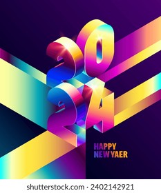 New year 2024. Metallic 3D iridescent calendar date. Colorful numbers with bright lines. Festive holiday design. Not generated by AI.