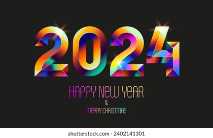 New year 2024. Metallic iridescent numbers on dark background. Festive holiday design. Not generated by AI.